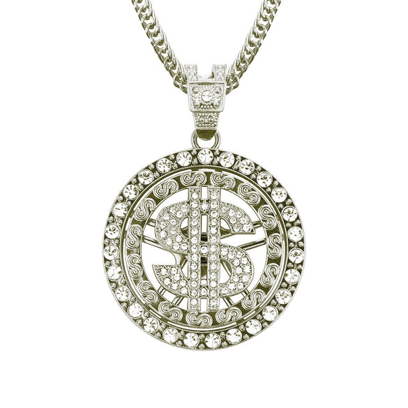 Alloy Dollar Sign Diamond Rotating Pendant Necklace With Cuban Chain Jewelry
