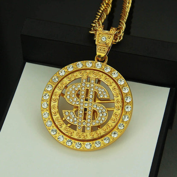 Alloy Dollar Sign Diamond Rotating Pendant Necklace With Cuban Chain Jewelry