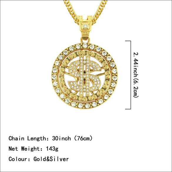 Alloy Dollar Sign Diamond Rotating Pendant Necklace With Cuban Chain Jewelry