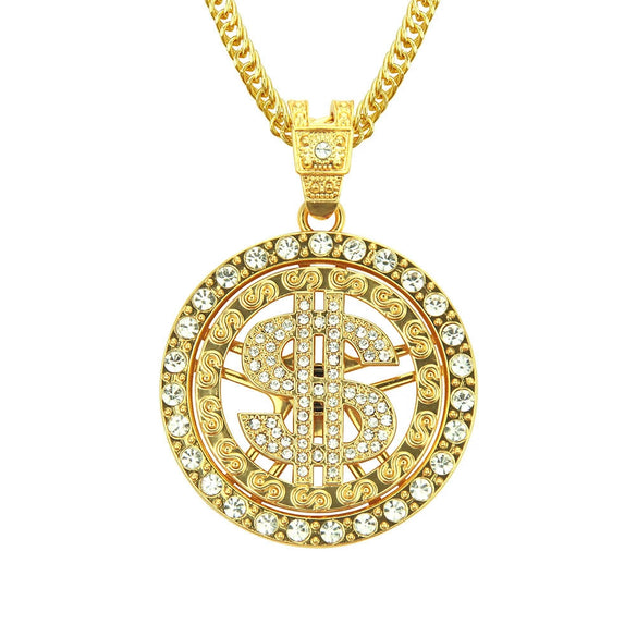 Alloy Dollar Sign Diamond Rotating Pendant Necklace With Cuban Chain Jewelry