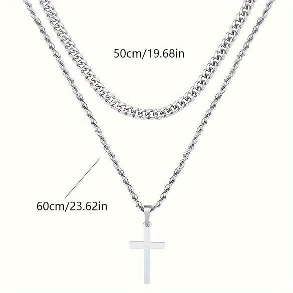 Alloy Double Layer Cross Pendant Necklace With Regular Chain Geometric Style Electroplating Treatment U Shape