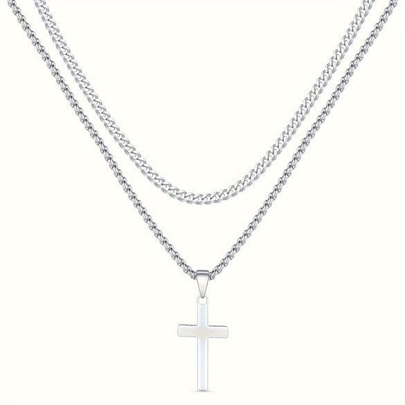 Alloy Double Layer Cross Pendant Necklace With Regular Chain Geometric Style Electroplating Treatment U Shape