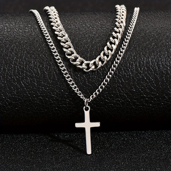 Alloy Double Layer Cross Pendant Necklace With Regular Chain Geometric Style Electroplating Treatment U Shape