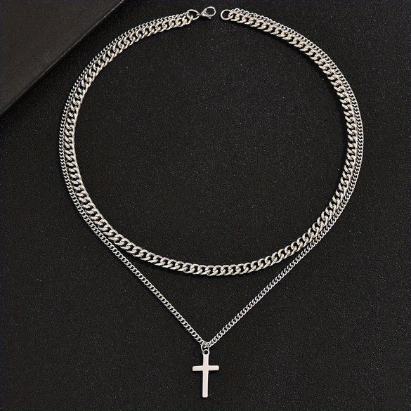 Alloy Double Layer Cross Pendant Necklace With Regular Chain Geometric Style Electroplating Treatment U Shape