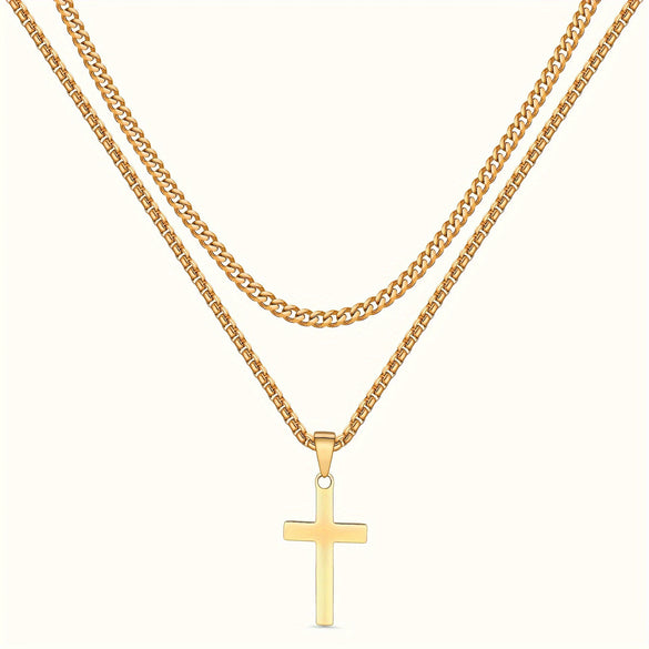 Alloy Double Layer Cross Pendant Necklace With Regular Chain Geometric Style Electroplating Treatment U Shape