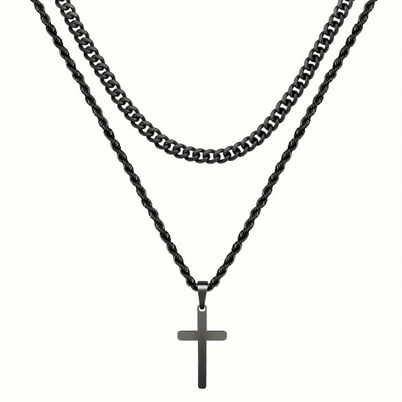 Alloy Double Layer Cross Pendant Necklace With Regular Chain Geometric Style Electroplating Treatment U Shape