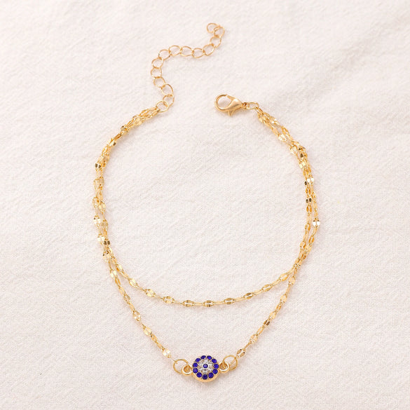 Alloy Double Layer Turkey Blue Rhinestone Evil Eyes Anklet For Women With Geometric Pattern