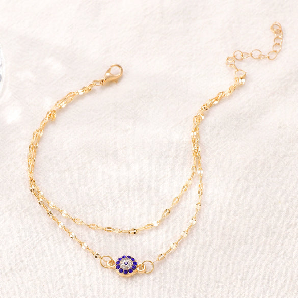 Alloy Double Layer Turkey Blue Rhinestone Evil Eyes Anklet For Women With Geometric Pattern