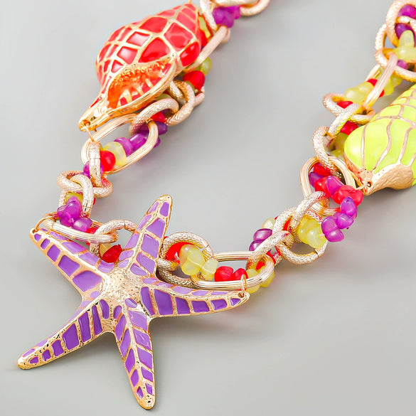 Alloy Dripping Oil Geometric Conch Sea Star Necklace For Women Retro Hip Hop Style With Snake Bone Chain