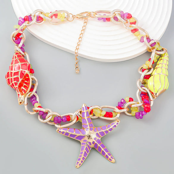 Alloy Dripping Oil Geometric Conch Sea Star Necklace For Women Retro Hip Hop Style With Snake Bone Chain