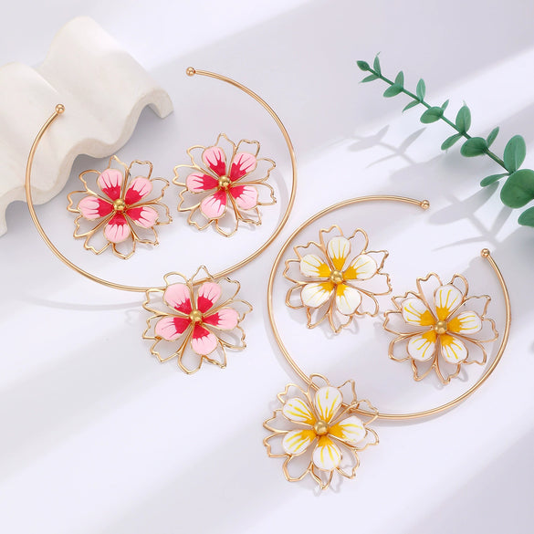 Alloy Dripping Oil Plants Flowers Style Hollow Double Petal Earrings Jewelry