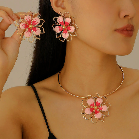 Alloy Dripping Oil Plants Flowers Style Hollow Double Petal Earrings Jewelry