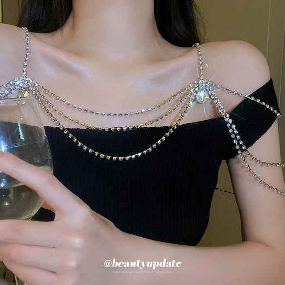 Alloy Drop Shape Geometric Multilayer Shoulder Chain Necklace Set With Diamonds For Women