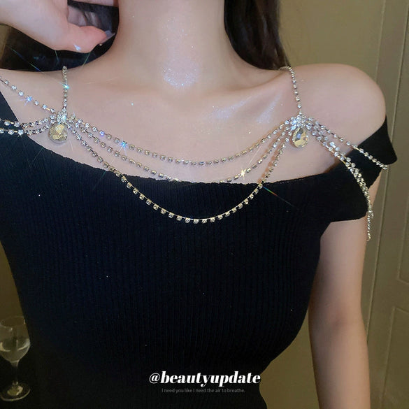 Alloy Drop Shape Geometric Multilayer Shoulder Chain Necklace Set With Diamonds For Women
