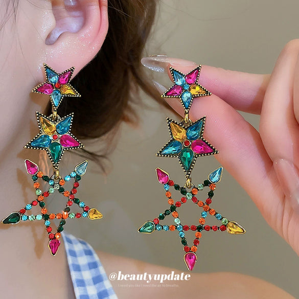 Alloy Dropshaped Star Diamondinlaid Pendant Earrings Light Luxury Style For Women