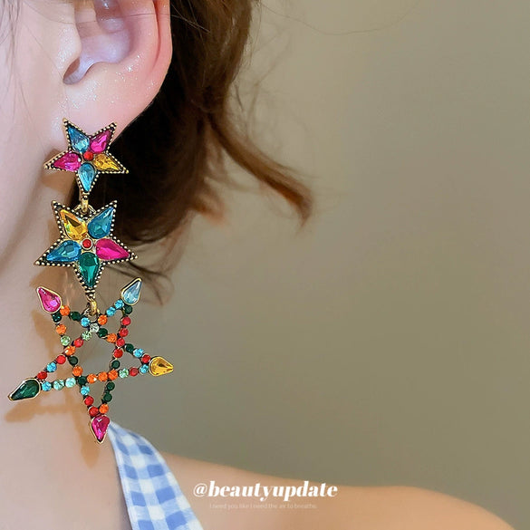 Alloy Dropshaped Star Diamondinlaid Pendant Earrings Light Luxury Style For Women