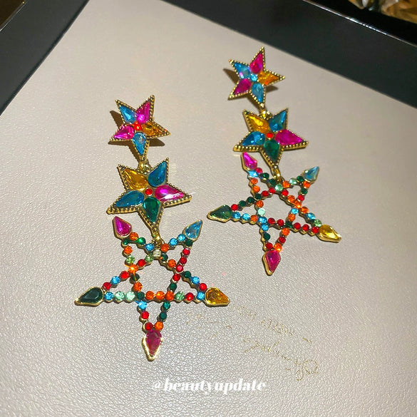 Alloy Dropshaped Star Diamondinlaid Pendant Earrings Light Luxury Style For Women