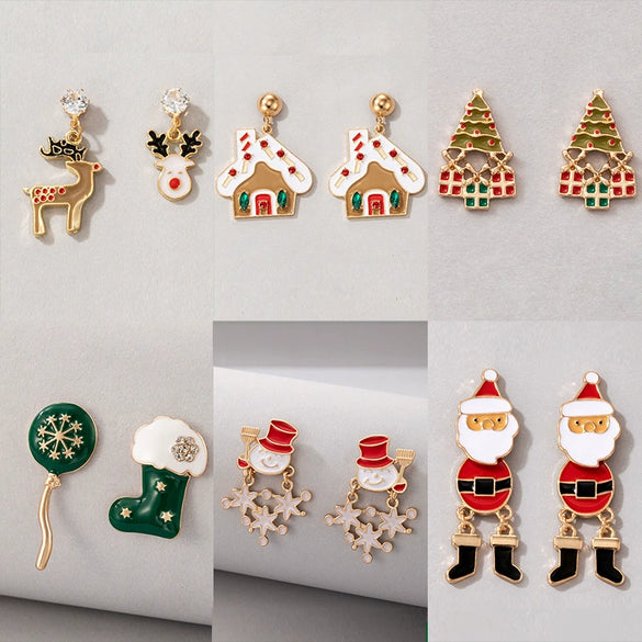 Alloy Electroplated Christmas Tree And Elk Geometric Earrings Cute Retro Holiday Design In Red And Green