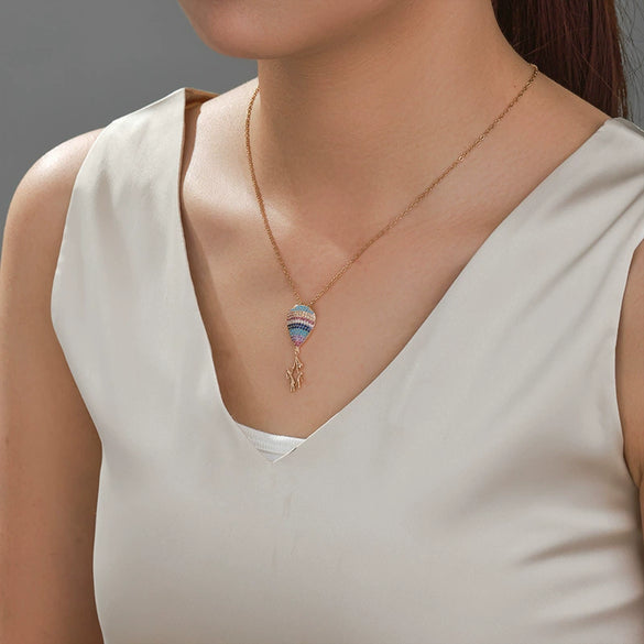 Alloy Electroplated Colorful Zircon Inlaid Hot Air Balloon Family Necklace Pendant