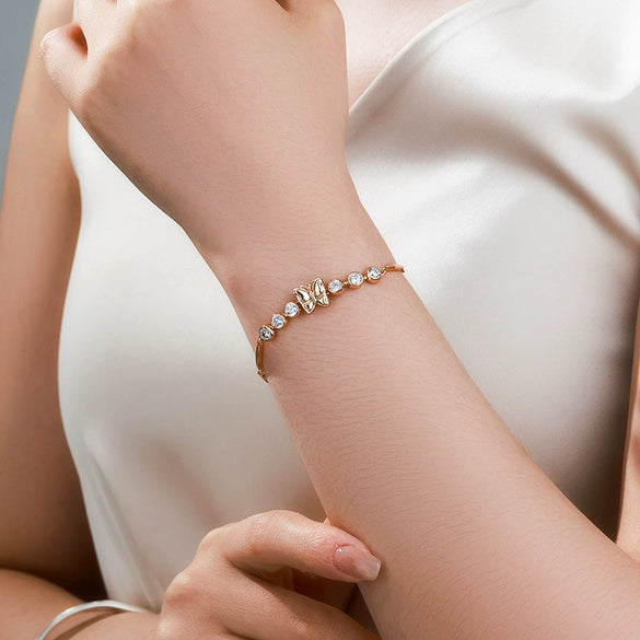 Alloy Electroplated Fashionable Niche Design Micropaved Zircon Leaf Butterfly Elegant Women's Bracelet