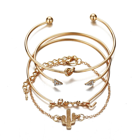 Alloy Electroplated Geometric Bracelet Set With Cactus Triangle Knot Letter And Arrow Charms Ins Style Fashion Bangle Set