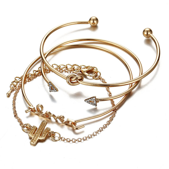 Alloy Electroplated Geometric Bracelet Set With Cactus Triangle Knot Letter And Arrow Charms Ins Style Fashion Bangle Set