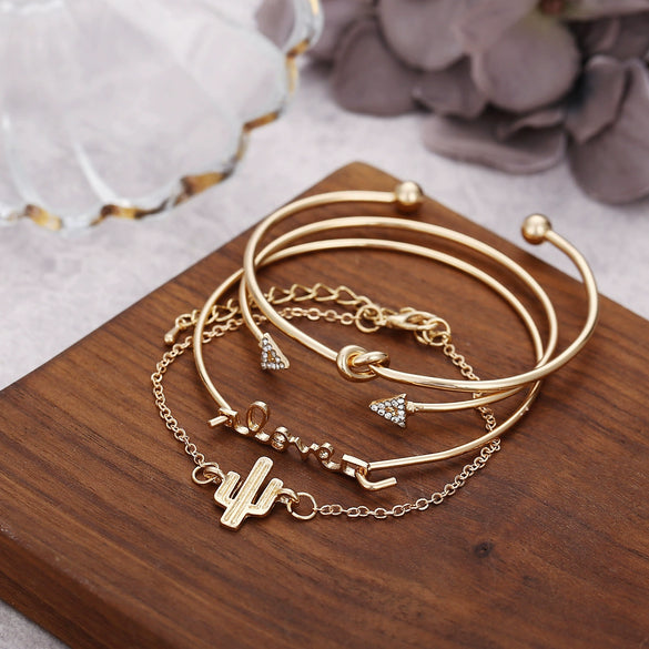 Alloy Electroplated Geometric Bracelet Set With Cactus Triangle Knot Letter And Arrow Charms Ins Style Fashion Bangle Set