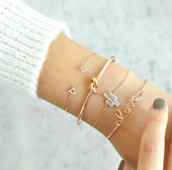 Alloy Electroplated Geometric Bracelet Set With Cactus Triangle Knot Letter And Arrow Charms Ins Style Fashion Bangle Set