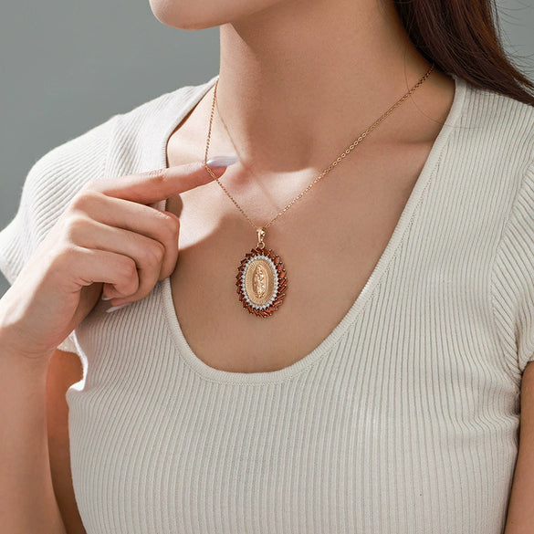 Alloy Electroplated Geometric Oval Pendant Necklace For Women With Inlaid Zircon And Character Statue