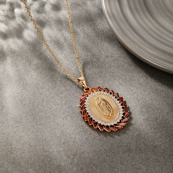 Alloy Electroplated Geometric Oval Pendant Necklace For Women With Inlaid Zircon And Character Statue