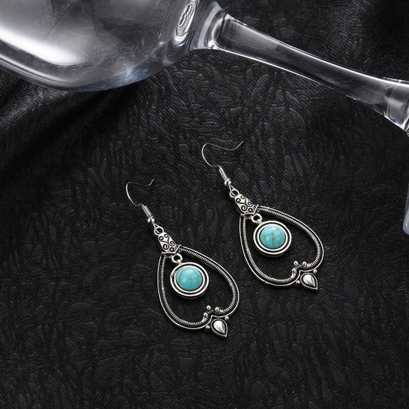 Alloy Electroplated Geometric Peach Heart Hollow Round Turquoise Women's Earrings Retro Bohemian Style