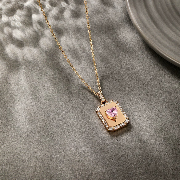 Alloy Electroplated Geometric Square Pink Heart Necklace Pendant