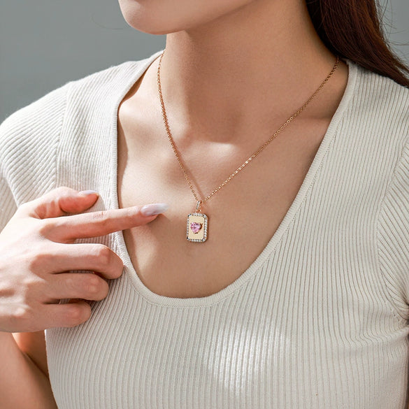 Alloy Electroplated Geometric Square Pink Heart Necklace Pendant