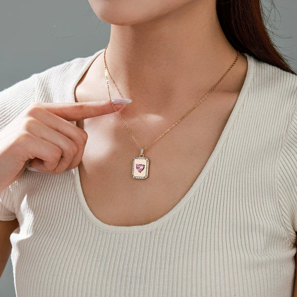 Alloy Electroplated Geometric Square Pink Heart Necklace Pendant