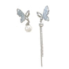 Alloy Electroplated Insect Pattern Women's Ear Jewelry With Asymmetric Blue Butterfly Tassel And Long Pearl Design