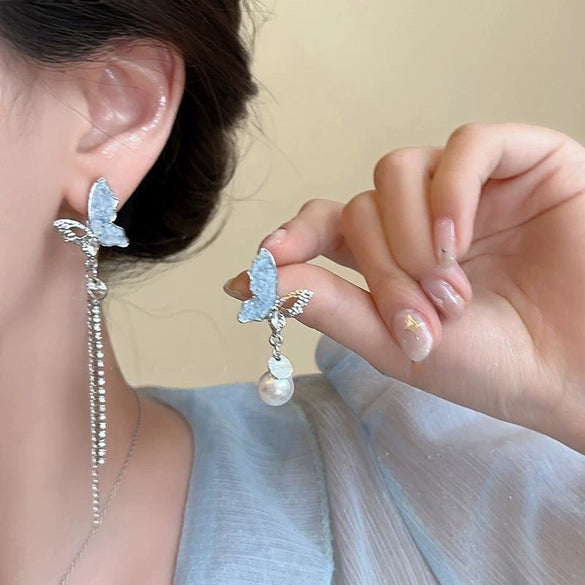 Alloy Electroplated Insect Pattern Women's Ear Jewelry With Asymmetric Blue Butterfly Tassel And Long Pearl Design