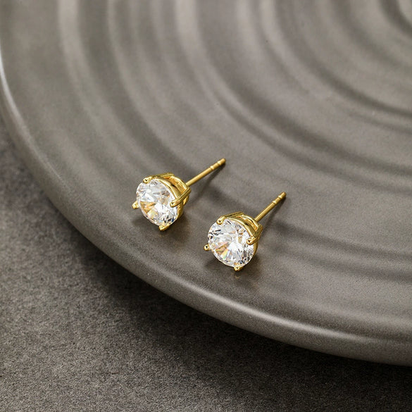 Alloy Electroplated 24K Gold Fourclaw Single Zircon Women's Casual Style Earrings
