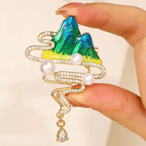 Alloy Electroplated Retro Mountains And Rivers Tassel Brooch For Women Fashion Accessories