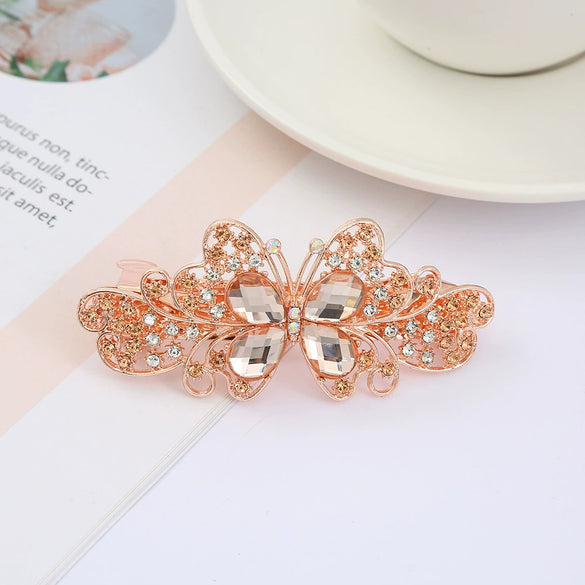 Alloy Electroplated Rhinestone Crystal Flower Plate Ponytail Hair Spring Clip Hairpin For Women