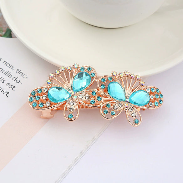 Alloy Electroplated Rhinestone Crystal Flower Plate Ponytail Hair Spring Clip Hairpin For Women