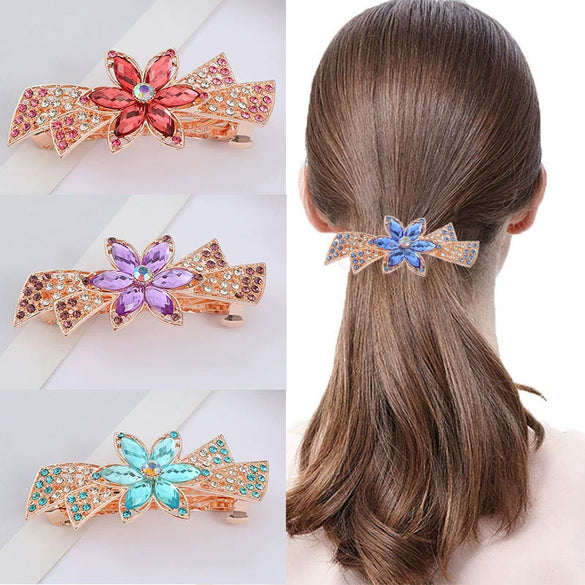 Alloy Electroplated Rhinestone Crystal Flower Plate Ponytail Hair Spring Clip Hairpin For Women