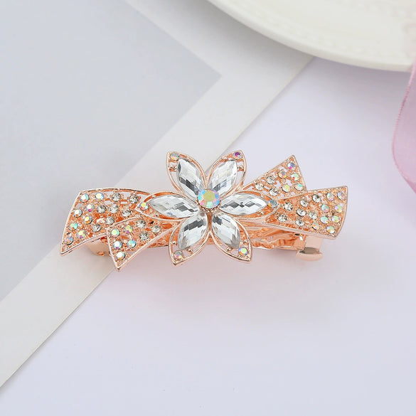 Alloy Electroplated Rhinestone Crystal Flower Plate Ponytail Hair Spring Clip Hairpin For Women