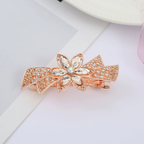 Alloy Electroplated Rhinestone Crystal Flower Plate Ponytail Hair Spring Clip Hairpin For Women