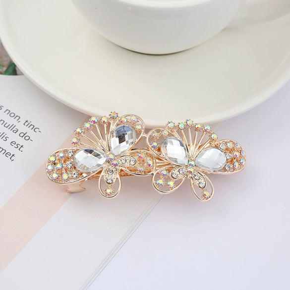 Alloy Electroplated Rhinestone Crystal Flower Plate Ponytail Hair Spring Clip Hairpin For Women