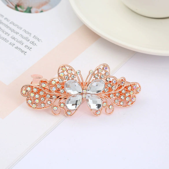 Alloy Electroplated Rhinestone Crystal Flower Plate Ponytail Hair Spring Clip Hairpin For Women