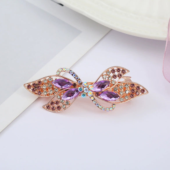 Alloy Electroplated Rhinestone Crystal Flower Plate Ponytail Hair Spring Clip Hairpin For Women