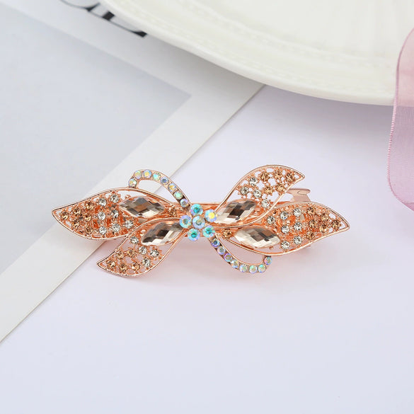 Alloy Electroplated Rhinestone Crystal Flower Plate Ponytail Hair Spring Clip Hairpin For Women