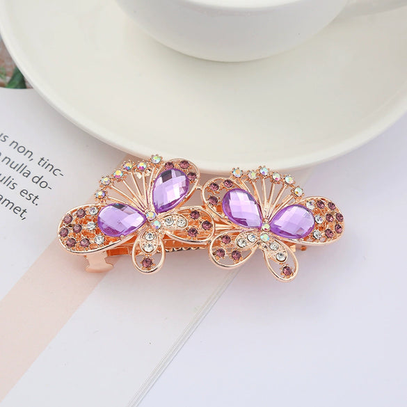 Alloy Electroplated Rhinestone Crystal Flower Plate Ponytail Hair Spring Clip Hairpin For Women