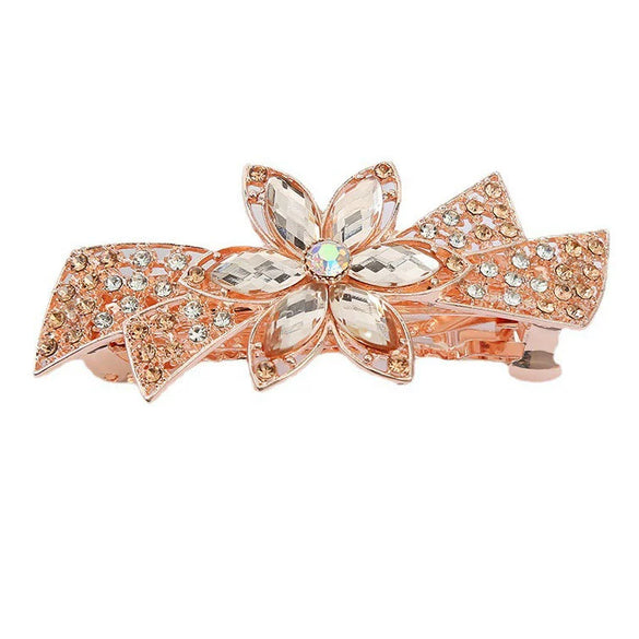 Alloy Electroplated Rhinestone Crystal Flower Plate Ponytail Hair Spring Clip Hairpin For Women
