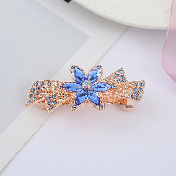 Alloy Electroplated Rhinestone Crystal Flower Plate Ponytail Hair Spring Clip Hairpin For Women